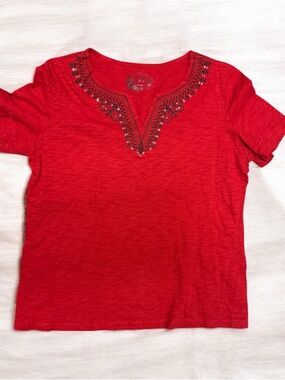 Coral Bay Shirt Women Medium Red Embroidered Split V Neck Short Sleeve Top